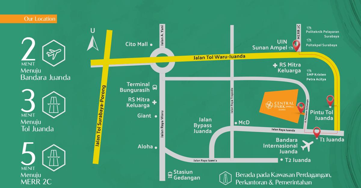 Peta lokasi Central Park Juanda Sedati Sidoarjo, Jl. Pesawon Semampir dekat Bandara Juanda dan Tol Waru-Juanda