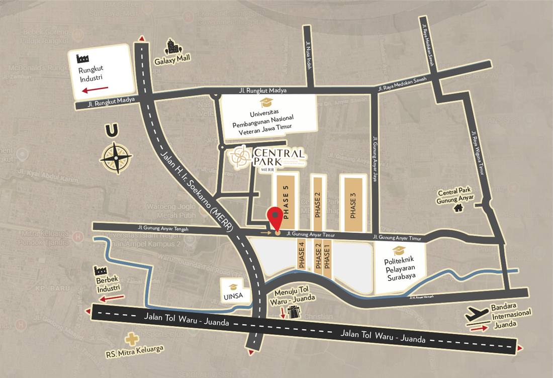 Peta kawasan Central Park MERR Phase 1 sampai 5, Jl. Gunung Anyar Timur Surabaya
